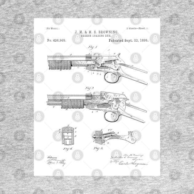 Browning Breach Rifle Patent - Gun Lover Gunsmith Art - White by patentpress